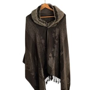Faux Fur Trim Floral Jacquard Cape Fringe Hem Boho Winter Wrap wool Whimsigoth
